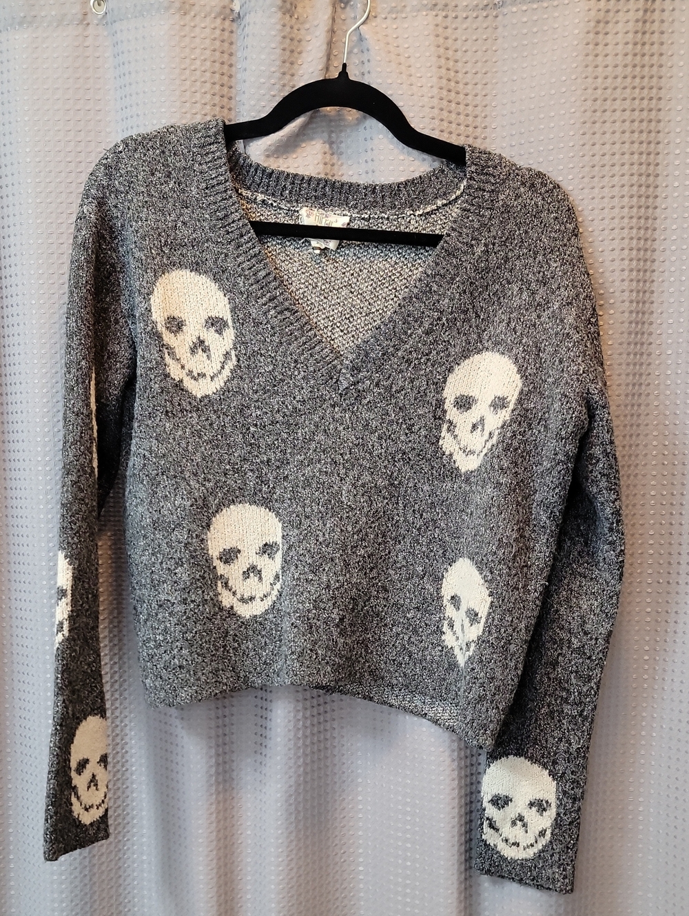 Hippie Rose Skeleton Skull Halloween Crop V-Neck Sweater Size S